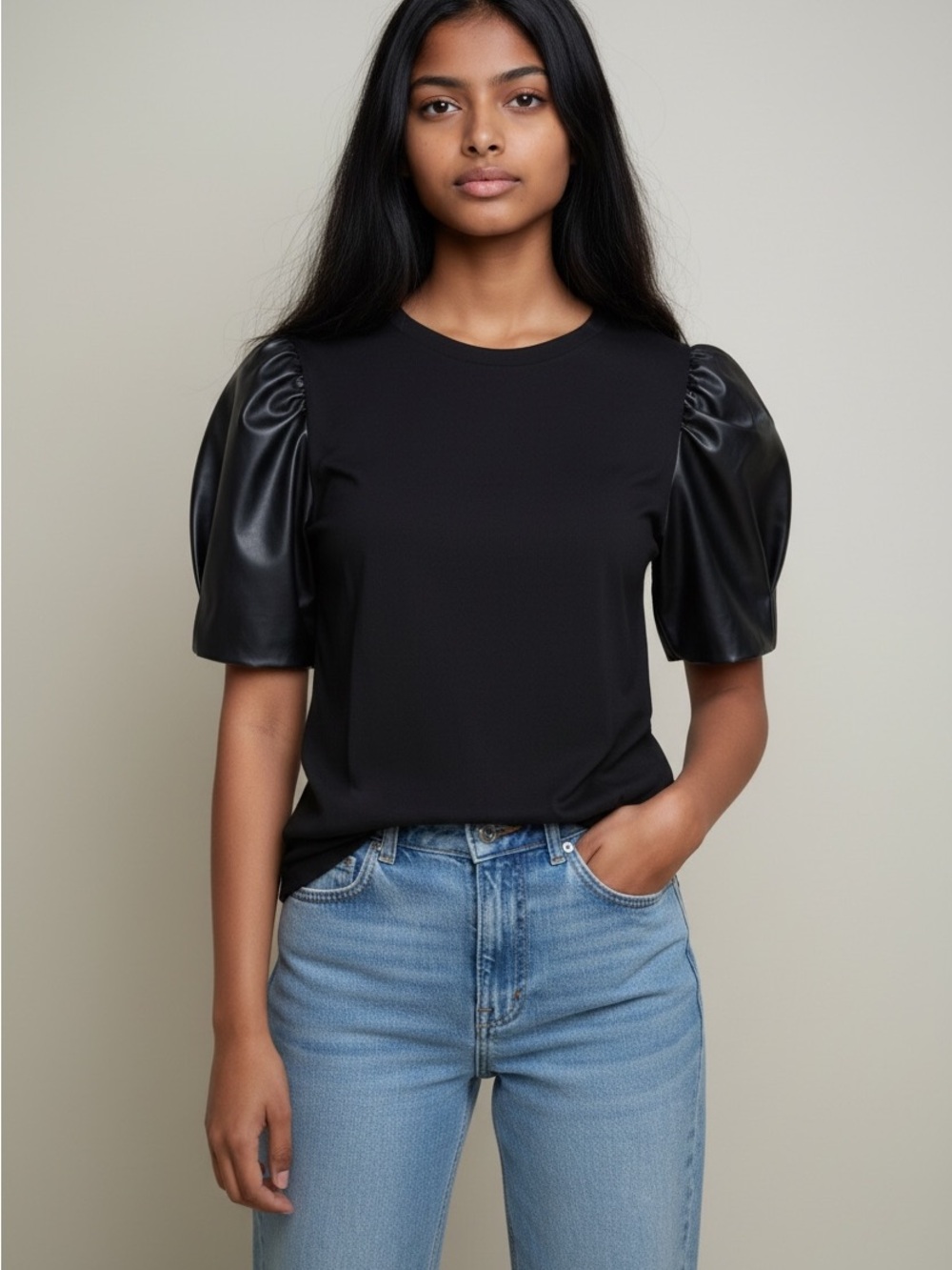 Michael Kors Black Puff-Sleeve Top with Faux Leather Sleeves Sz. M